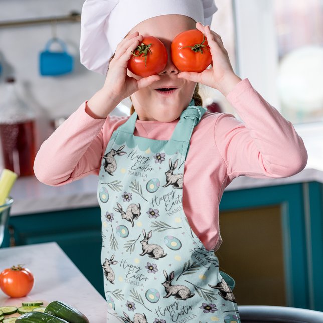 Turquoise Happy Easter Bunny and Eggs Apron (Cute Turquoise Happy Easter Custom Name Apron Hand-Drawn Easter Bunny, Colorful Egg & Floral Pattern)