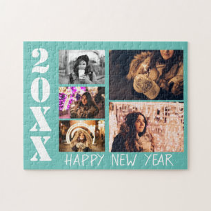 Turquoise Happy New Year 2023 5 Photo Collage Jigsaw Puzzle