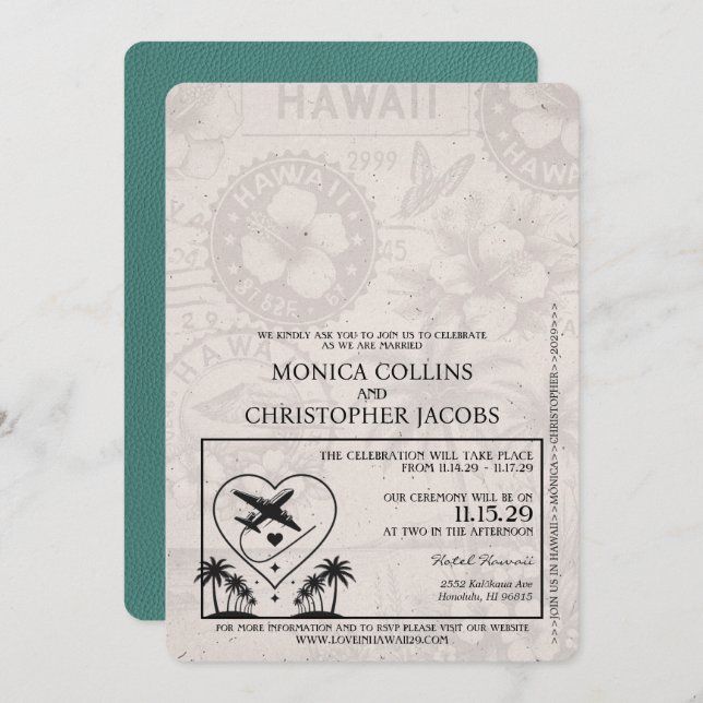 Turquoise Hawaii Passport Wedding Invitation (Front/Back)