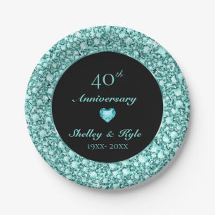 Turquoise Heart And Diamonds- Anniversary Paper Plate
