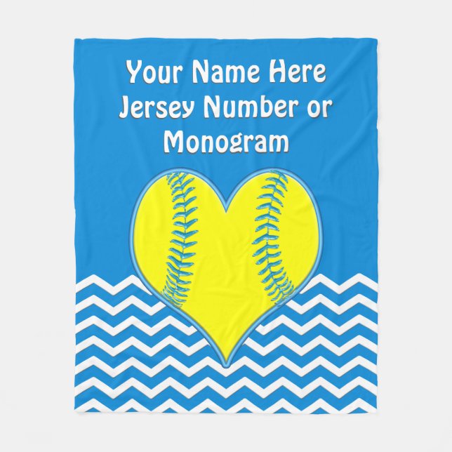 Turquoise Heart Softball Blanket YOUR COLOR, TEXT (Front)