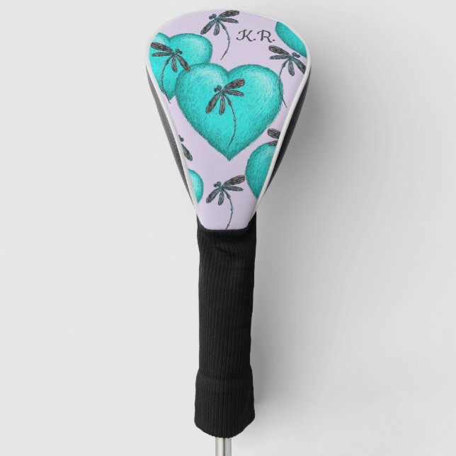 Turquoise Hearts and Dragonflies Golf Head Cover (Front)