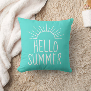 Turquoise Hello Summer Typography Home Decor Cushion