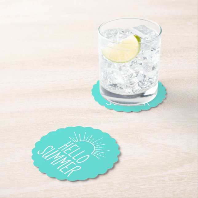 Turquoise Hello Summer Typography Home Decor  Paper Coaster (Insitu)