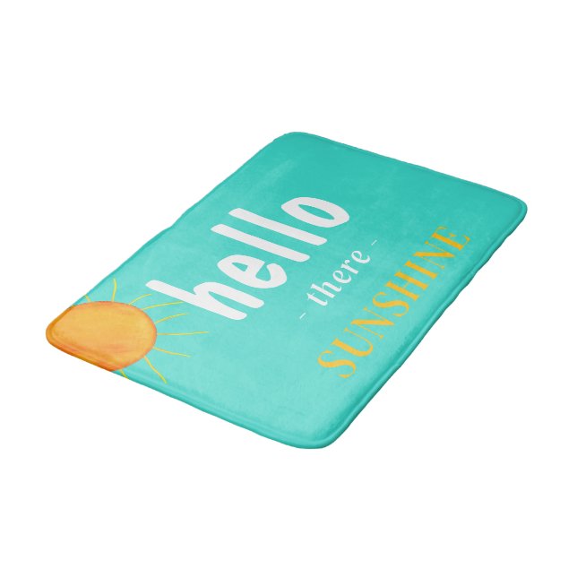 Turquoise Hello there Sunshine Typography  Bath Mat (Angled)