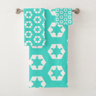 Turquoise hexagon honeycomb starflake pattern bath towel set