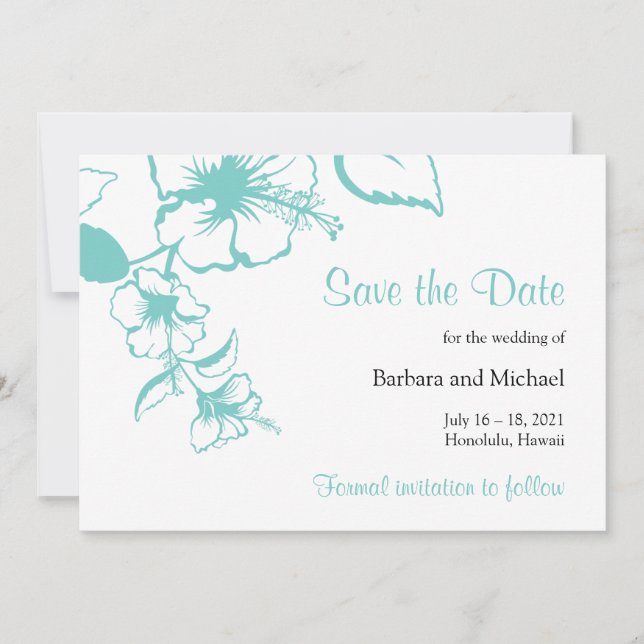 Turquoise Hibiscus Flower Destination Wedding Save The Date (Front)