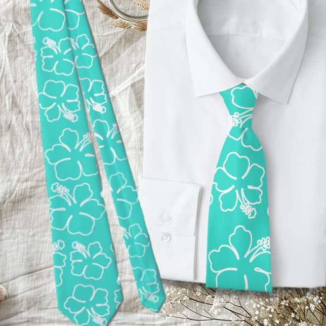 Turquoise Hibiscus Outline Pattern Wedding Tie (Creator Uploaded)