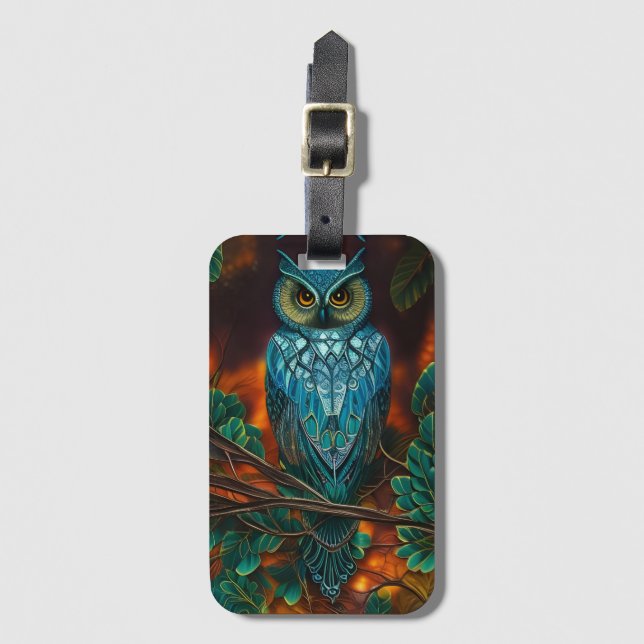 Turquoise Horned Owl Luggage Tag (Front Vertical)