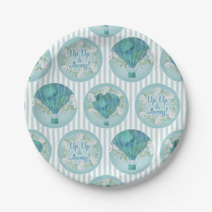 Turquoise Hot Air Balloon - Aqua White Stripes Paper Plate