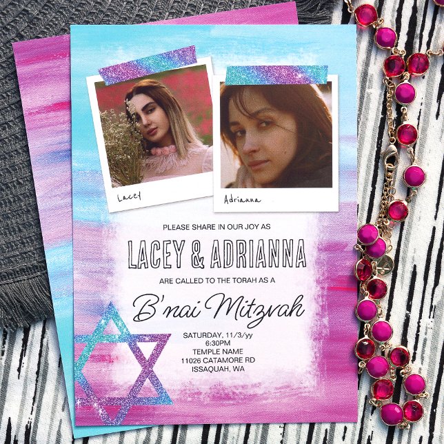 Turquoise, Hot Pink, Blue Glitter B'nai Mitzvah Invitation (Colorful b'nai bat mitzvah for 2 girls, pink turquoise blue, cute photo invitations, glitter stars)