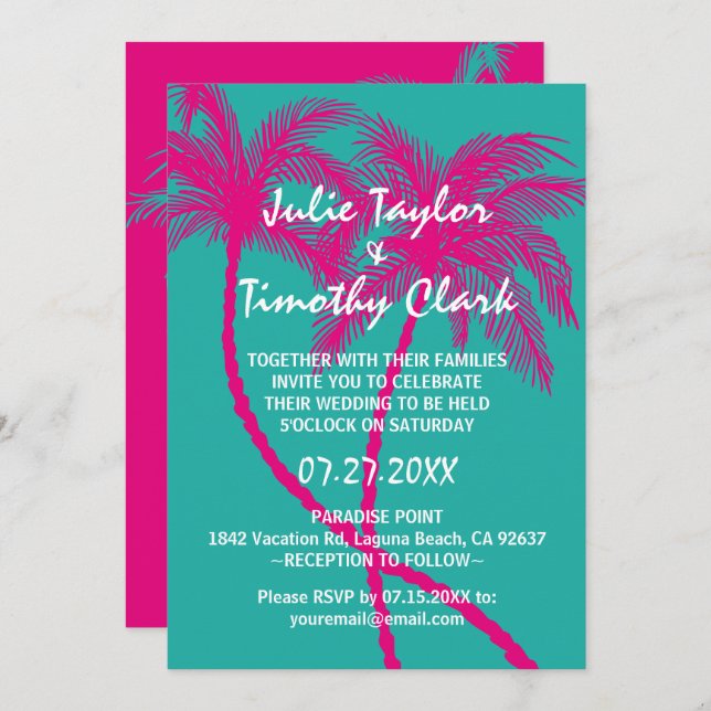 Turquoise  Hot Pink Palm Tree Wedding Invitations (Front/Back)