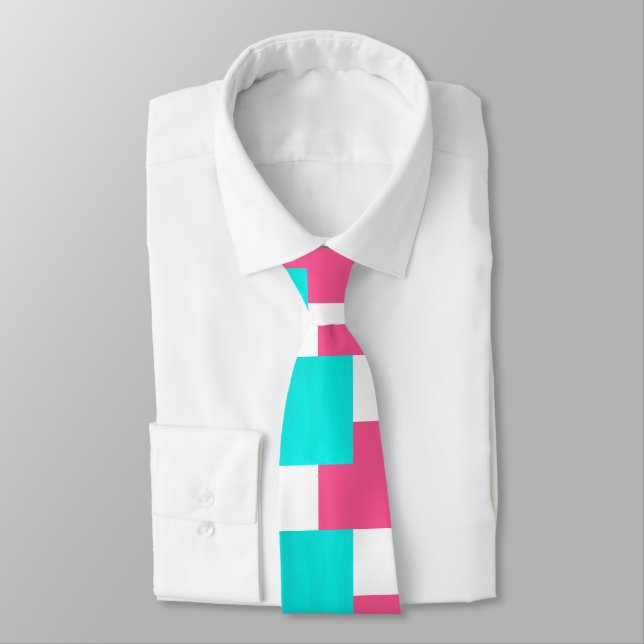 Turquoise Hot Pink White Color Block Pattern Tie (Tied)