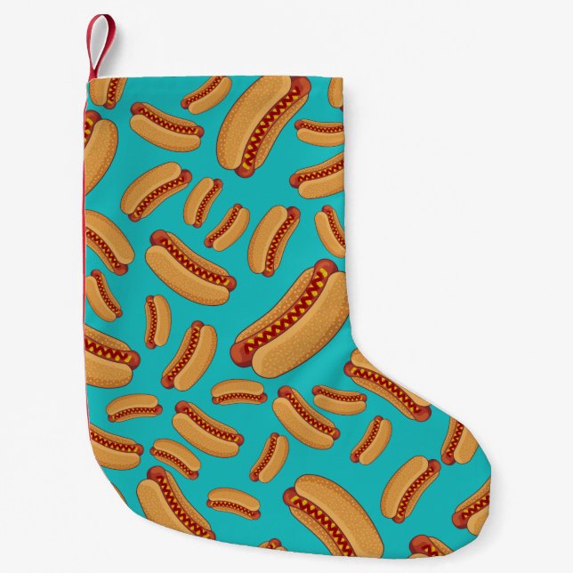 Turquoise hotdogs small christmas stocking (Front)