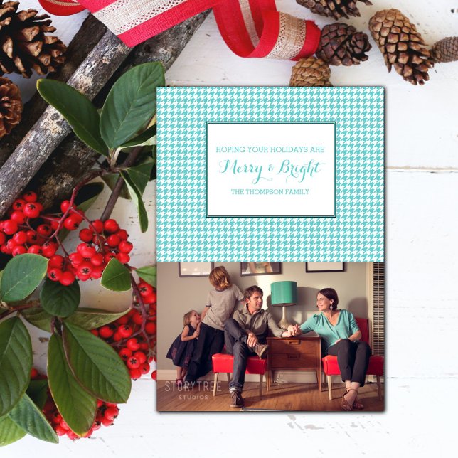 Turquoise Houndstooth Holiday Photo Card (Turquoise Houndstooth Holiday Photo Card)