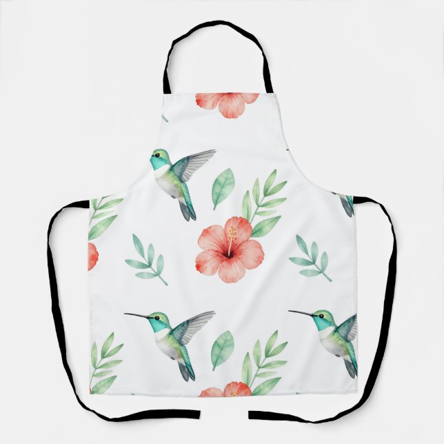 Turquoise Hummingbird Hibiscus Pattern Apron (Front)