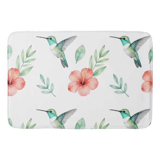 Turquoise Hummingbird Hibiscus Pattern Bath Mat (Front)