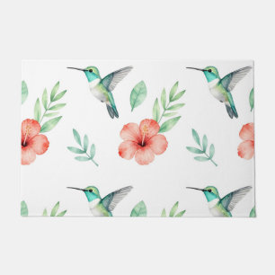 Turquoise Hummingbird Hibiscus Pattern Doormat
