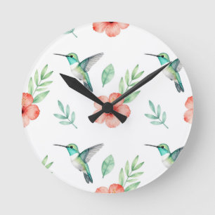 Turquoise Hummingbird Hibiscus Pattern Round Clock