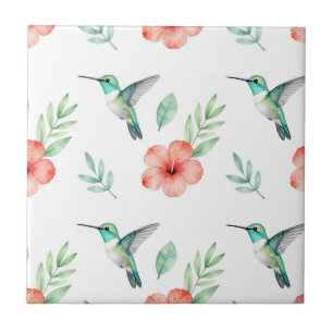 Turquoise Hummingbird Hibiscus Pattern Tile