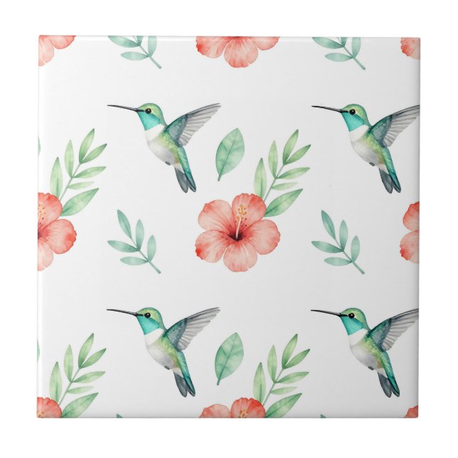 Turquoise Hummingbird Hibiscus Pattern Tile (Front)