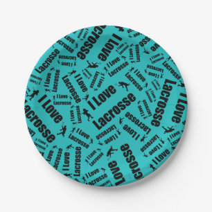 Turquoise I love lacrosse Paper Plate