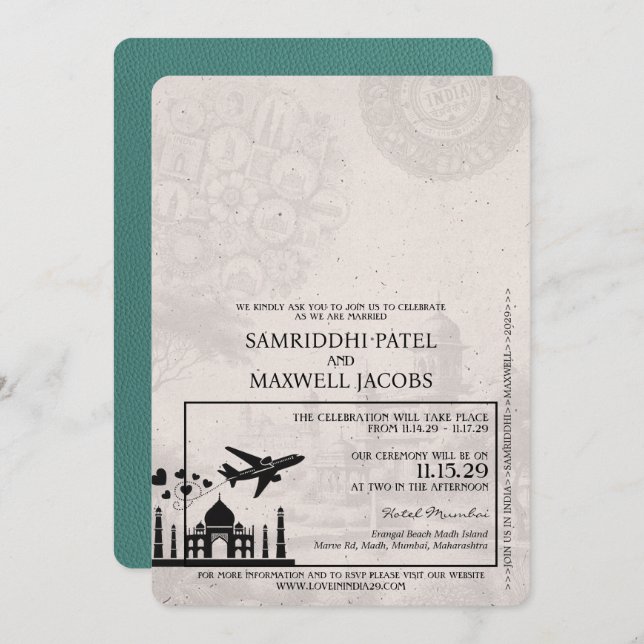 Turquoise India Passport Wedding Invitation (Front/Back)