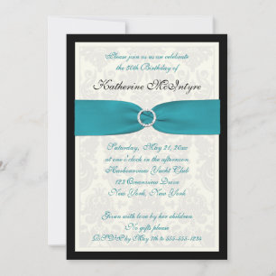 Turquoise, Ivory, Black Damask 50th Birthday Invitation