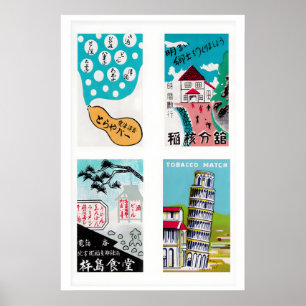 Turquoise Japanese Matchbox Labels Grid Print