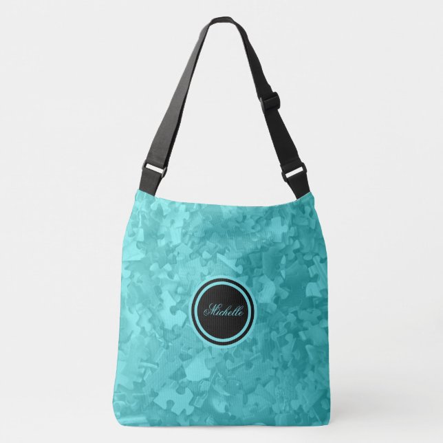 Turquoise Jigsaw Puzzles Add Name or Monogram Crossbody Bag (Front)