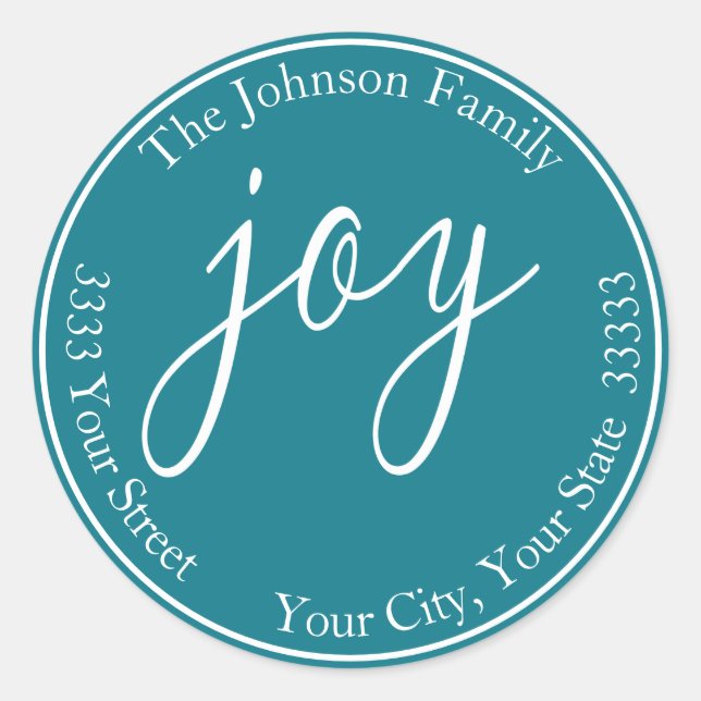Turquoise Joy Christmas Round Return Address Label (Front)