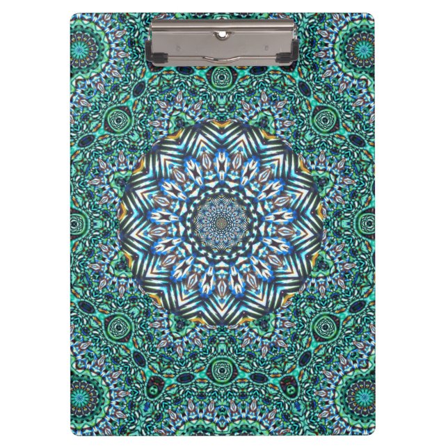 Turquoise Kaleidoscopic Mosaic Reflections Design Clipboard (Front)