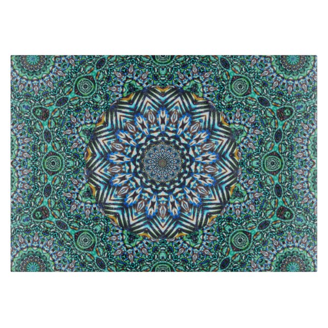 Turquoise Kaleidoscopic Mosaic Reflections Design Cutting Board (Front)