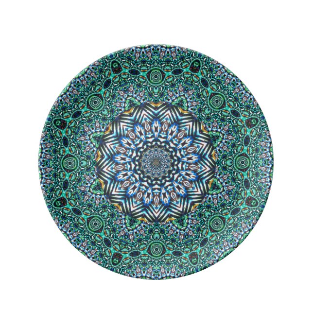 Turquoise Kaleidoscopic Mosaic Reflections Design Plate (Front)