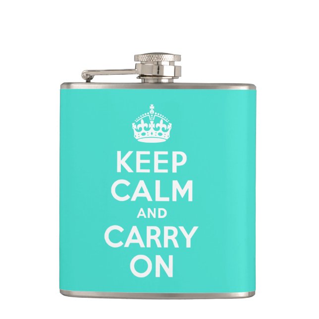 Turquoise Keep Calm and Carry On Hip Flask (Front)