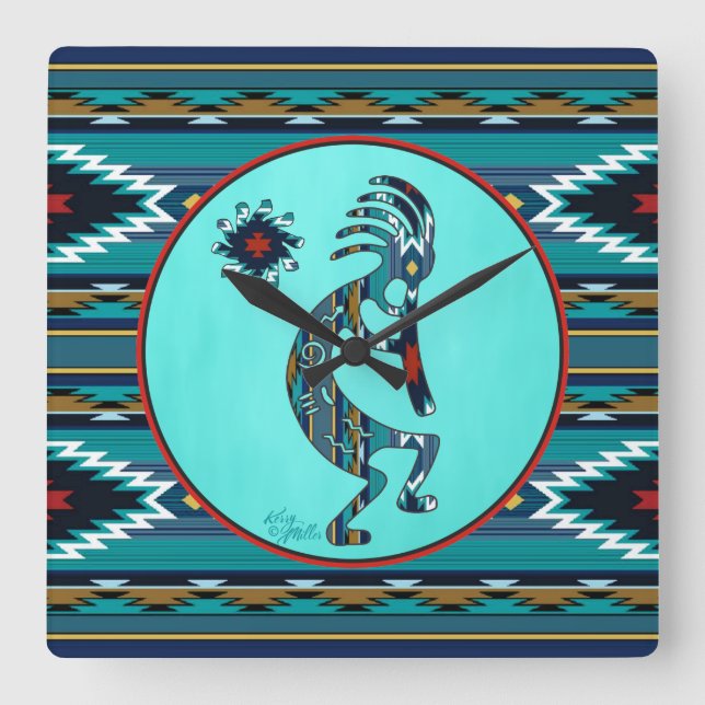 Turquoise Kokopelli Large Wall Clock (Front)