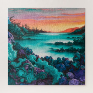 Turquoise Landscape with Alcohol Ink Detail  Jigsaw Puzzle