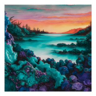 Turquoise Landscape with Alcohol Ink Detail Poster