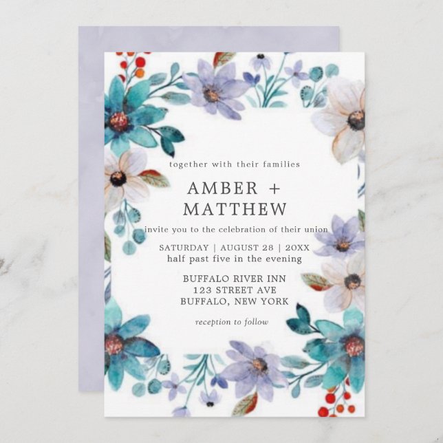 Turquoise Lavender Painted Florals Wedding Invite (Front/Back)