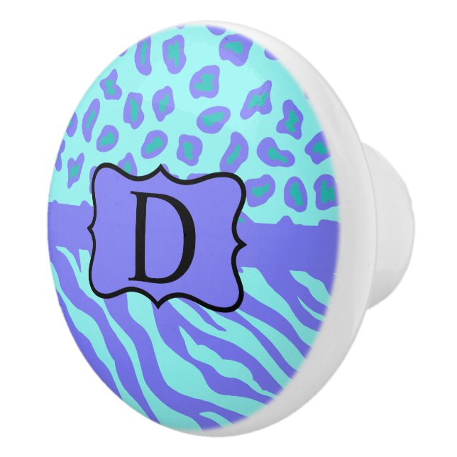 Turquoise Lavender Zebra Leopard Skin Monogram Ceramic Knob (Right)