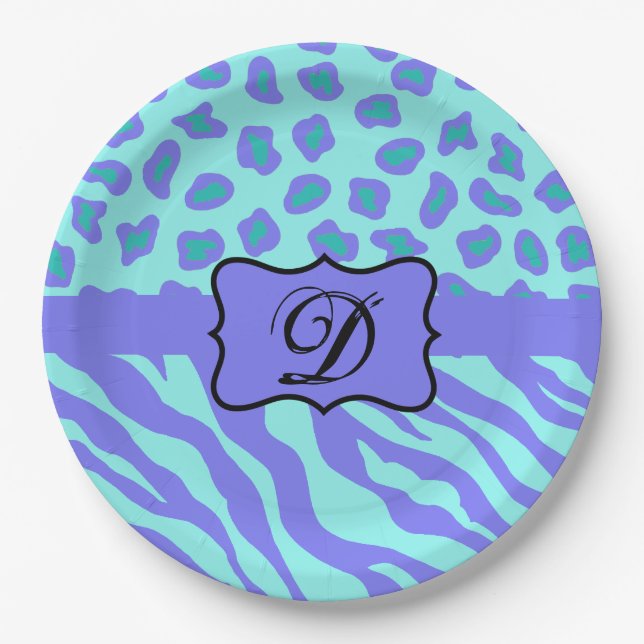 Turquoise Lavender Zebra Leopard Skin Monogram Paper Plate (Front)