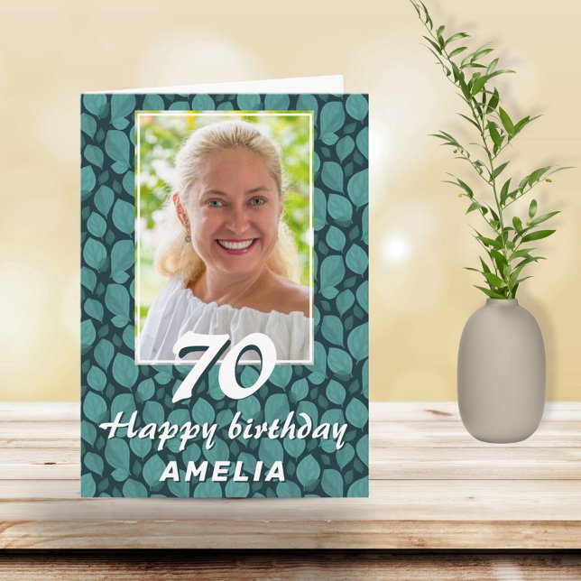 Turquoise Leaf Pattern 70th Birthday Photo Card (Creator Uploaded)