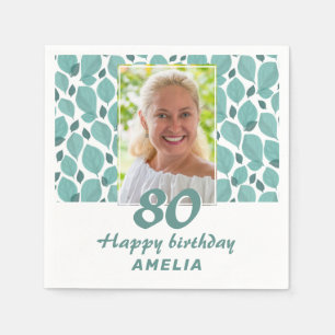 Turquoise Leaf Pattern 80th Birthday Party Photo Napkin