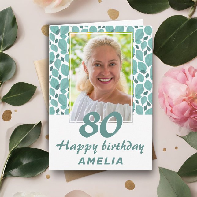 Turquoise Leaf Pattern 80th Birthday Photo Card (Creator Uploaded)