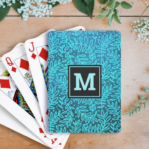 Turquoise leaf pattern bold monogram type modern playing cards
