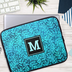 Turquoise leaf pattern monogram bold typography  laptop sleeve