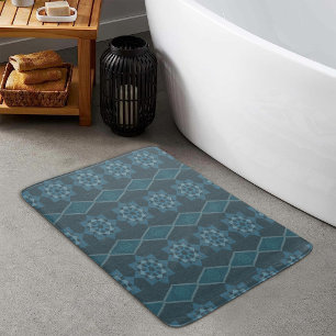 Turquoise Leafy floral Octagon and Diagonal patter Bath Mat