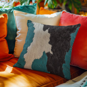 Turquoise Leather Cow Spotted Hide Image of Fur Cushion