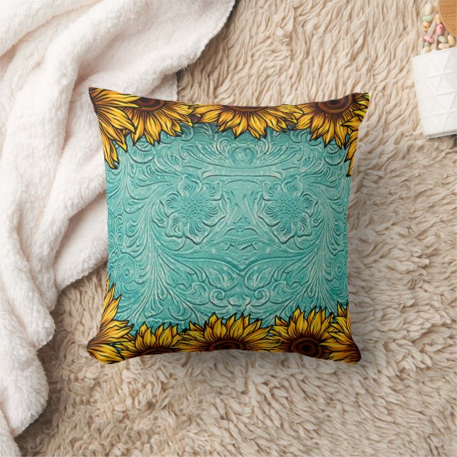 Turquoise Leather Tooled Bright Sunny Sunflowers T Cushion (Blanket)