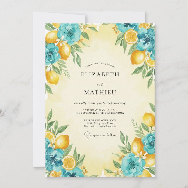 Turquoise Lemon Citrus Eucalyptus Wedding Invitation (Front)